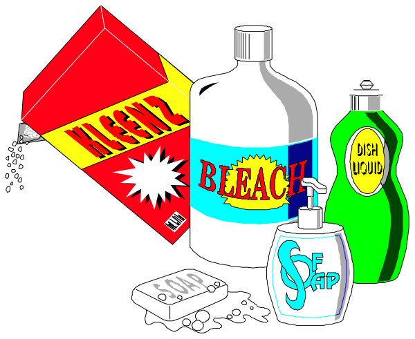 The image shows a collection of cleaning supplies including bottles labeled "bleach," "dish liquid," and others with various brand names such as Clorox Wipes; there's also an open box of tissues, some pills in their packaging, and other items typically found on or near the counter.
