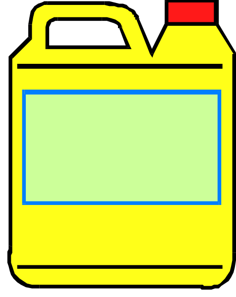 The image shows a yellow plastic jug with red cap on top of it placed next to an empty blue container against a gray background.