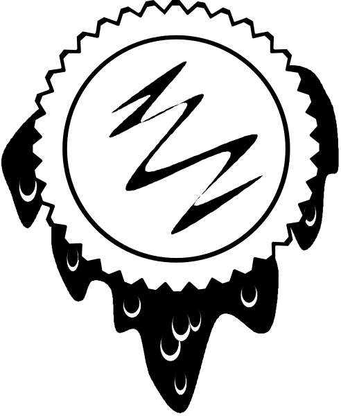 The black and white logo of a company with raindrops falling from it on a dark background.