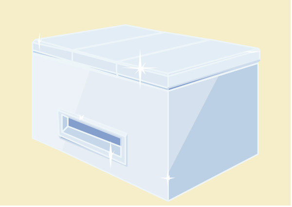 The image shows a white refrigerator with its door open inside an ice cream truck that is parked on top of a blue box in what appears to be a desert-like environment under clear skies during daylight hours, as indicated by shadows and lighting conditions.