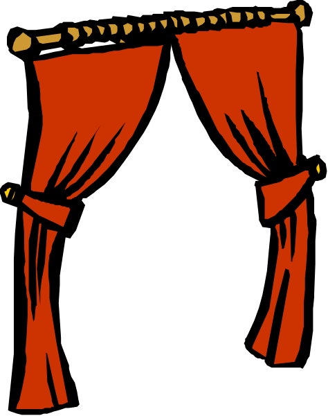 The image shows a red curtain with gold trim on either side of it hanging from what appears to be an unseen rod above it in front of which is blackness.