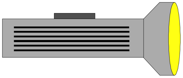 The image shows a black and white pixelated representation of an object that resembles a flashlight with light emanating from it in various directions.