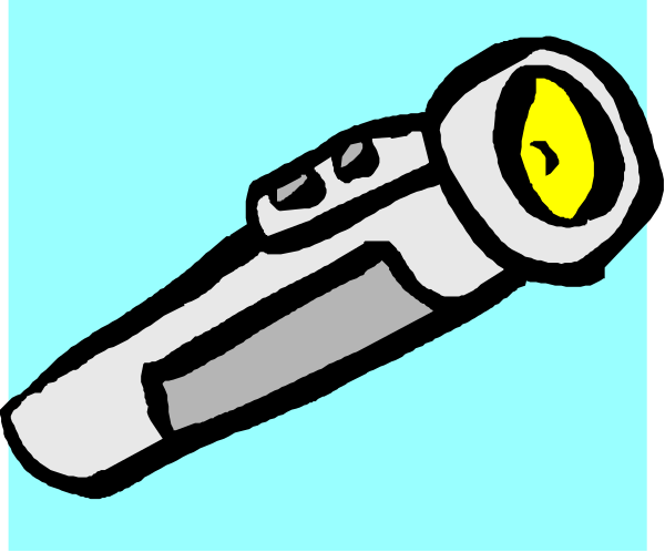 The image shows a cartoon of an object that resembles a flashlight with its light on inside what appears to be a dark room; there is also another similar item in front of it which looks like a magnifying glass, and both objects have yellow lights illuminated within them.