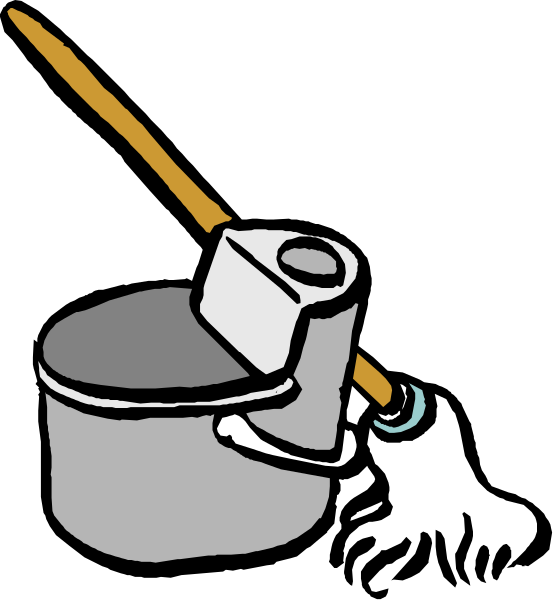 The cartoon shows a toilet brush with its handle sticking out of an open lid next to it is a plunger on top of which rests a bucket containing water.