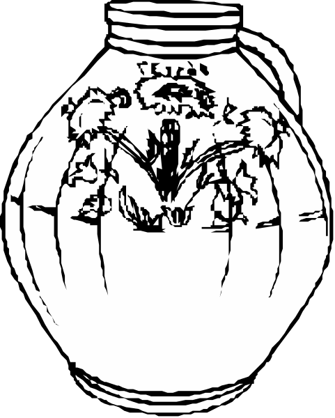 The black and white illustration shows a vase with an intricate design on its side featuring trees and leaves.