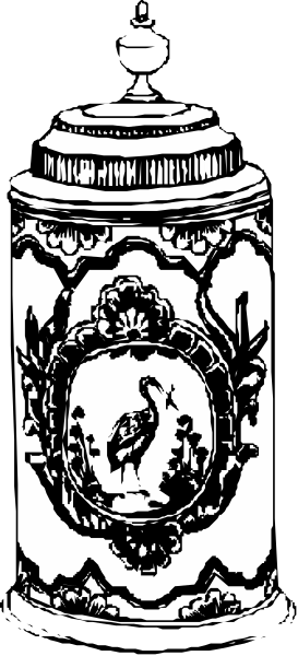 The black and white photo shows a decorative vase with an intricate design on its side against a plain background.