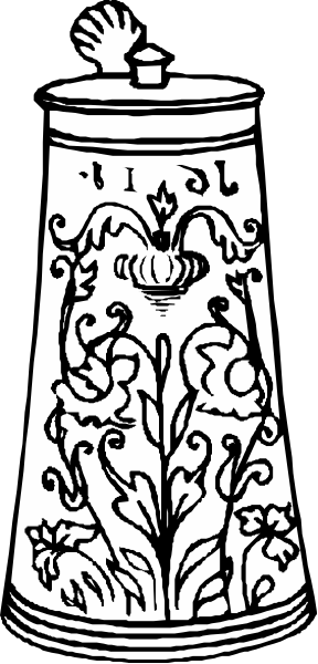 The black and white illustration shows a tall vase with intricate designs on its sides placed against an unadorned wall in what appears to be a room without any other objects present.