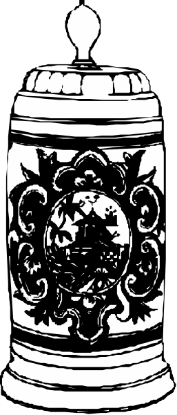 The black and white illustration shows a beer mug with an intricate design on it placed against a plain background.