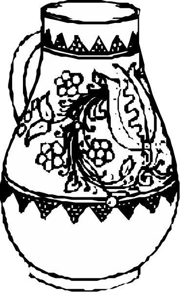 The black and white illustration shows a traditional ceramic pitcher with floral decorations on its body, placed against an abstract background that appears to be divided into two sections of different patterns; one section has vertical lines while the other is filled in solidly without any discernible pattern or design.
