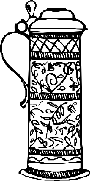 The black and white illustration shows a tall cylindrical container with an intricate design on its side placed against a dark background; it is adorned atop what appears to be a small pedestal, possibly made of wood or metal.