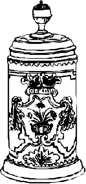 The black and white illustration shows a decorative vase with intricate designs on it placed against an unidentified background.