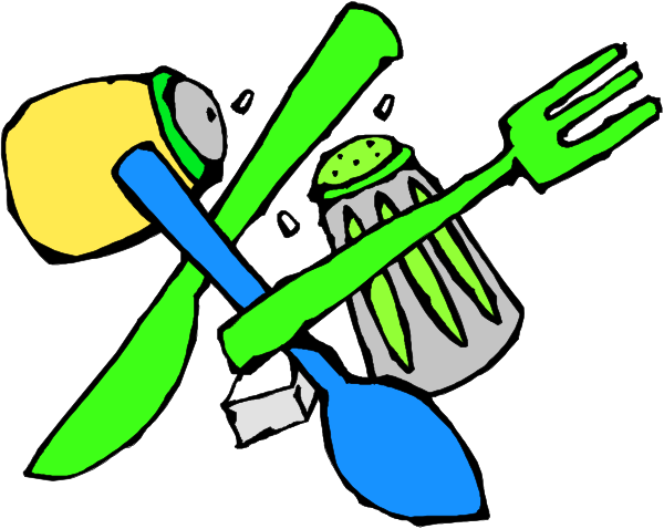 The image shows a cartoon of various kitchen utensils such as spoons, forks, knives, bowls, cups, plates, cakes, fruits like bananas and apples, along with food items including pizza slices and sandwiches in an abstract arrangement that does not depict any specific setting or action.