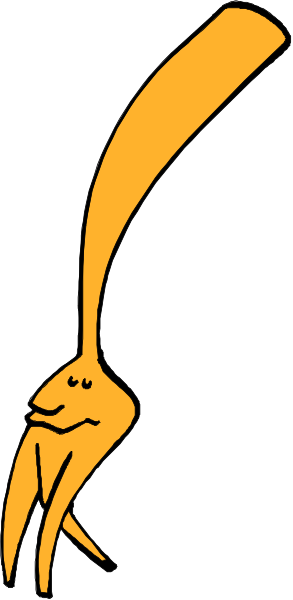 The image shows a cartoon of an orange elephant with its trunk raised upwards towards something out of frame.