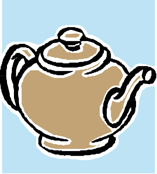 The image shows a cartoon of an old brown teapot with two handles on top against a light blue background.
