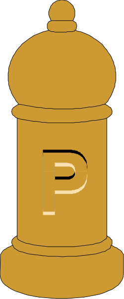The image shows a tall yellow pillar with an emblem on top of it against a gray background.