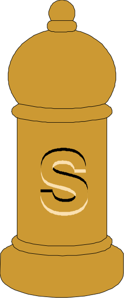 The image shows a yellow salt shaker with an S on it against a gray background.