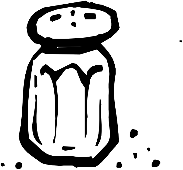 The black and white line drawing shows a salt shaker with an open top on its side against a plain background.
