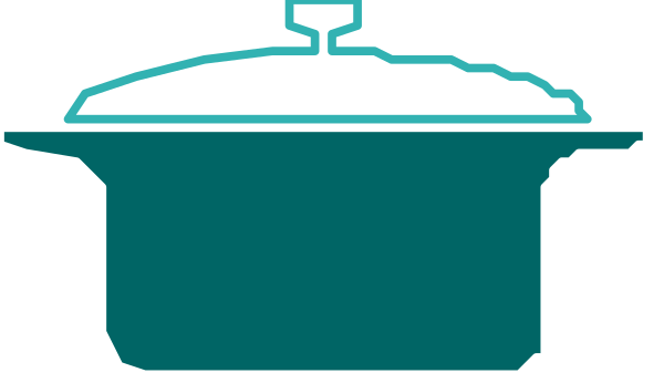 The image shows a stylized depiction of two pots with lids on top placed side by side against what appears to be an oven door background in shades of blue-green.