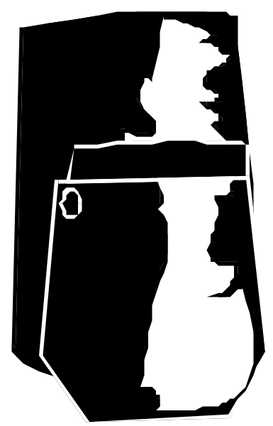 The black and white silhouette of a person standing next to an object that resembles a bottle with liquid inside it.