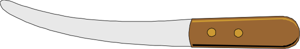 The image shows a knife with wooden handles resting on its blade against a gray background.