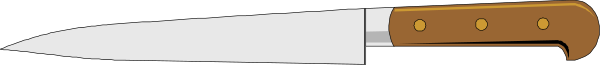 The image shows a knife with wooden handle lying on its side against gray background.