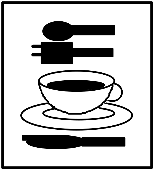 The black and white illustration shows a coffee cup with saucer on top against a dark background.