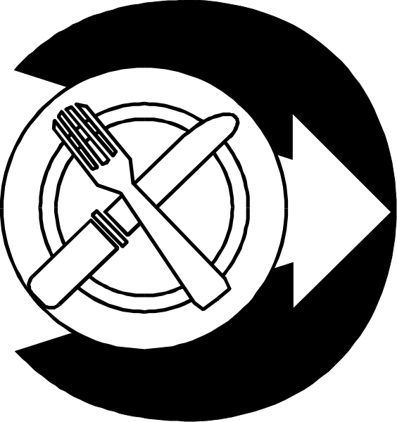 The black and white images show a fork on top of two plates with food items next to each other; there is also an image featuring cutlery crossed over in front of a plate symbolizing "no eating."