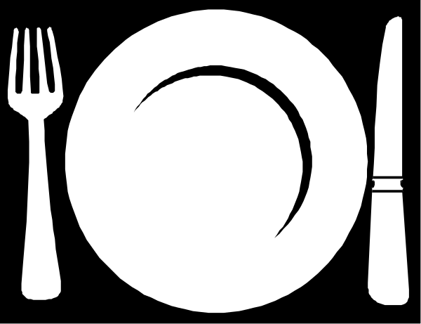 The black and white silhouette of a dinner table set for two with plates, cutlery, wine glasses, and other dining essentials on it.