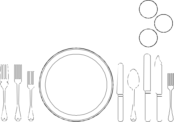 The black and white illustration shows a dinner table set for two with plates, cutlery including knives, spoons, and forks, wine glasses, cups, bowls, and various other dining utensils arranged around it on what appears to be an abstract background that resembles the shape of a plate.