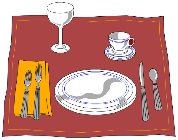 The image shows a table set for two with plates, silverware including knives, spoons, and forks, wine glasses filled to varying levels of liquidity, cups on saucers next to each plate, and napkins folded into triangles placed atop them; all arranged neatly against the backdrop of an orange cloth.