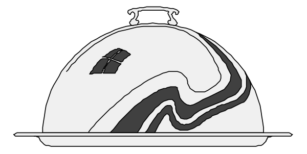 The black and white logo of a restaurant with an oven mitre on top.