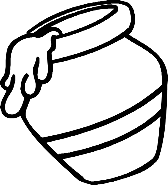 The black and white illustration shows a cartoon depiction of an open jar with honey dripping out from it into another container below.