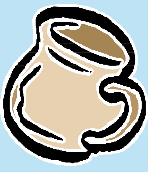 The image shows a cartoon of an old jug with two handles on it against a blue background.