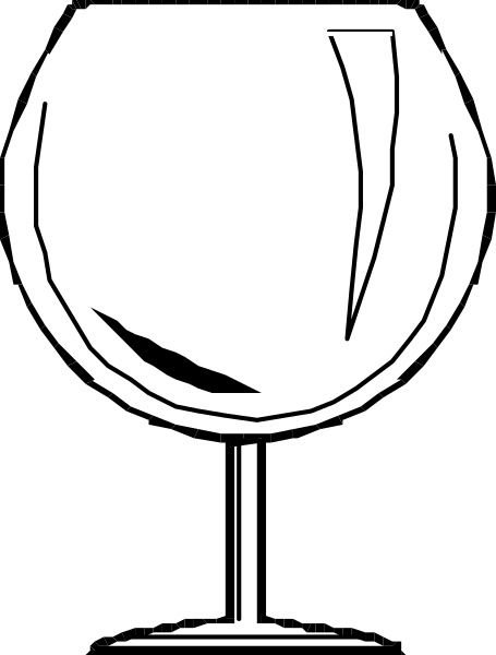 The black and white illustration shows a wine glass with liquid inside it on top of what appears to be a table surface against an indistinct background.
