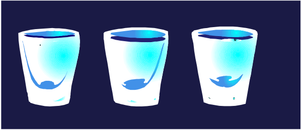 The image shows a row of four shot glasses with blue liquid inside them on what appears to be a shelf against a dark background.