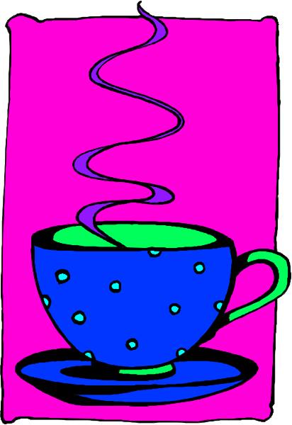 The image shows a colorful illustration of an animated cup with steam rising from it on top of what appears to be a pink background.