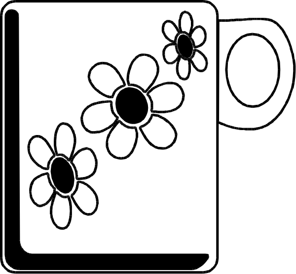 The black and white illustration shows a playing card with two flower designs on it placed next to an illustrated coffee cup that has three flowers printed around its rim.
