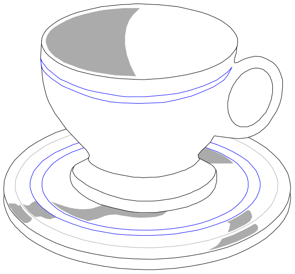 The image shows a white coffee cup with two saucers on either side of it against a black background; there is also an illustration in grayscale showing how to draw this scene step by step from left to right, which includes drawing lines and shading for depth perception.