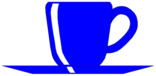 The image shows a blue coffee cup with white handles on top of it against a gray background.