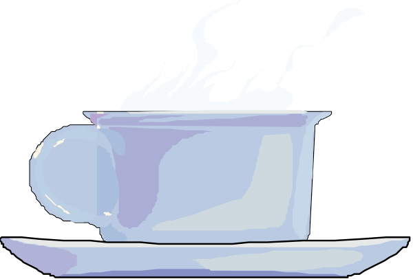 The image shows a cartoon of two cups on saucers with steam rising from them; there is no text present within this small clip-art illustration.