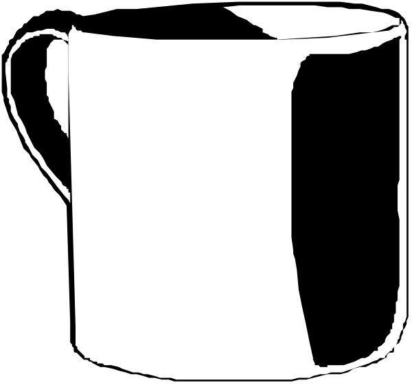 The black and white image shows a coffee cup with two handles on either side of it against an unadorned background.