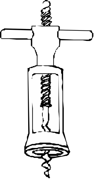 The black and white photo shows a bottle of wine with its corkscrew inserted into it on top left corner against dark background.