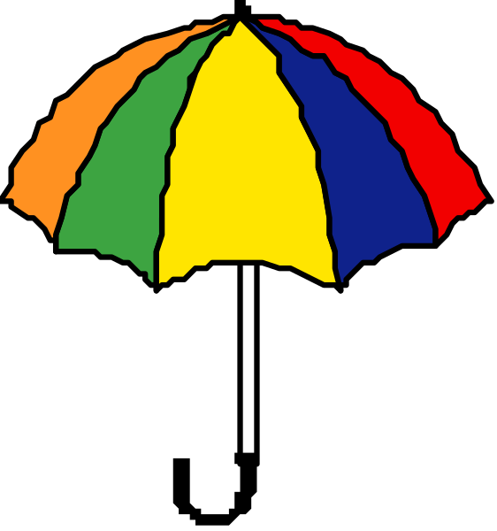 The first picture shows a colorful umbrella with rainbow stripes on it against a black background; the second image displays an open yellow parasol in front of two closed ones that have different colored canopies, one red and one blue, also set against a dark backdrop.