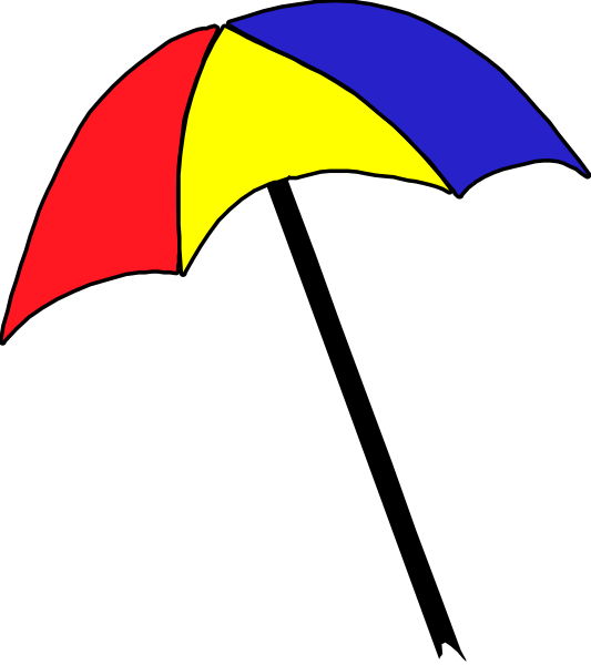 The image shows a colorful umbrella with red on top, yellow underneath it, blue at its base, black background, no visible textures, simple shapes without any additional details like people or animals.