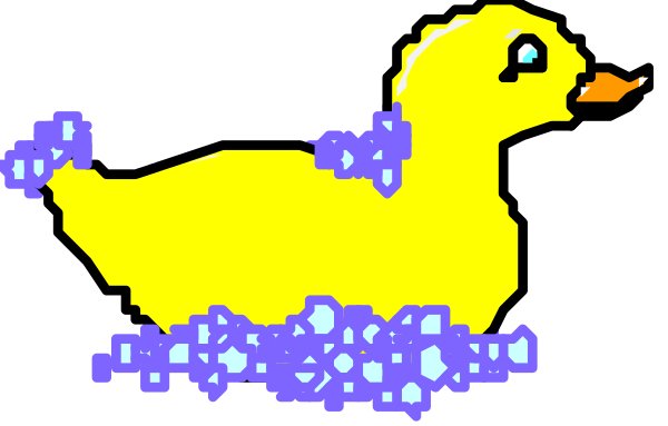 The image shows a pixelated yellow rubber duck with blue bubbles around it on what appears to be water, set against a dark background.