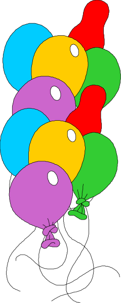 The image shows a group of colorful balloons tied together with strings against a gray background.