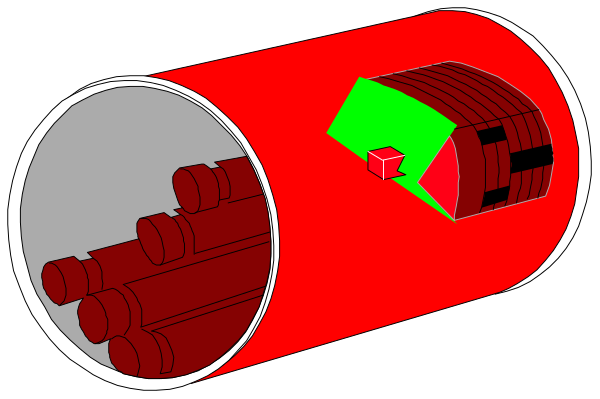 The image shows a red tube with several black cylinders inside it against a dark background.
