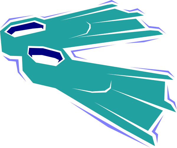 The image shows a stylized graphic of two blue flying vehicles with white outlines against a black background.