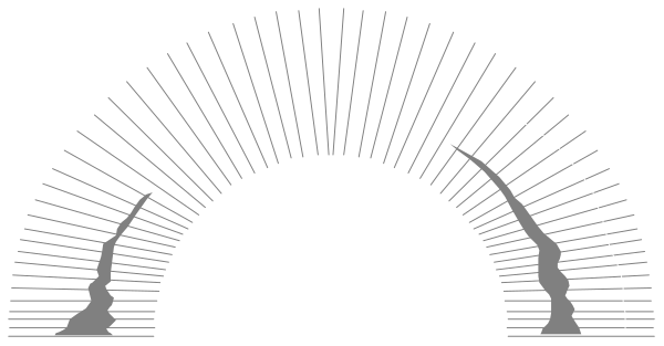 The black and white silhouette of a tunnel with rays emanating from it against an open sky background.