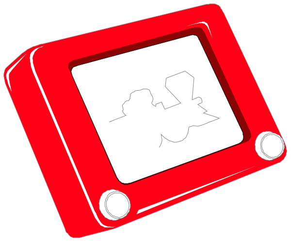 The image shows two red Game Boy handheld gaming consoles with their screens displaying a simple drawing of an adult couple in profile view; one console is positioned on top of another at different angles to show both sides, and there's no background detail provided beyond these devices themselves.